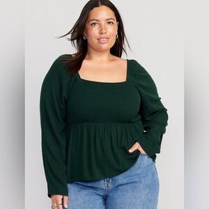 Old Navy Long Sleeve Smocked Peplum Blouse Dark Bottle Green size XXL